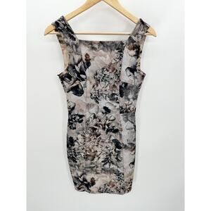H&M Grey Floral Print Square Neck Knee Length Sleeveless Dress Women's Size 6